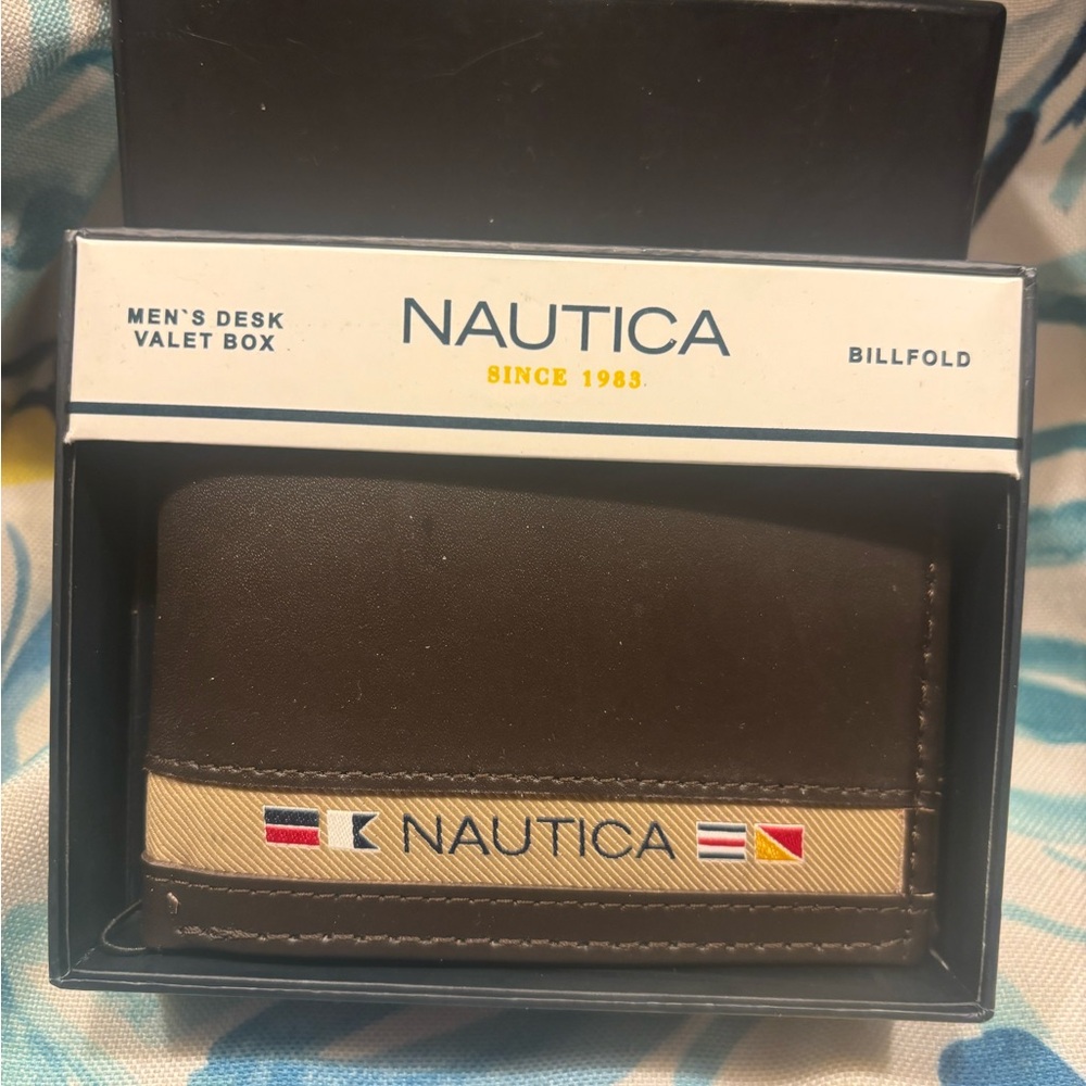 Nautica Brown Leather Money Clip Wallet with Flag Accent